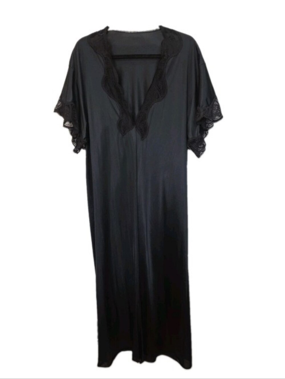 VTG 70s 80s Olga Black Lace Trimmed Robe Peignior Size Medium 93060 Silky Nylon